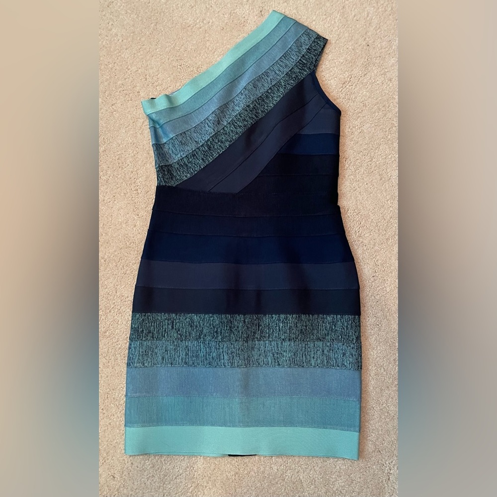 BNWT Herve Leger Max Azria Rare Blue Green Ombré Bodycon Mini Dress
